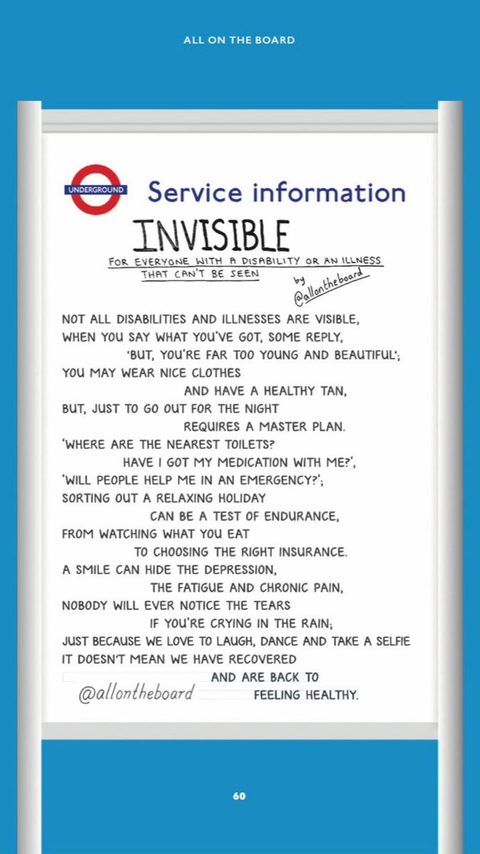 allontheboard's tweet image. For everyone with a disability or an illness that can’t be seen.
@allontheboard 

#InvisibleIllness #HiddenDisability #allontheboard 

From ‘All On The Board’ book - amazon.co.uk/Tfl-Quote-of-t…