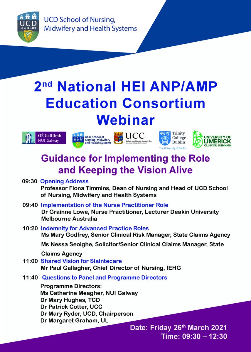 An exciting day tomorrow, the second webinar from our National HEI ANP/AMP Education Consortium. Networking for our future clinical leaders #NationalANMPeducation @ucdsnmhs @uccnursmid @TCD_SNM @n_gnursing @NursingMid_UL @patricktcotter1 @MaryHughesAP