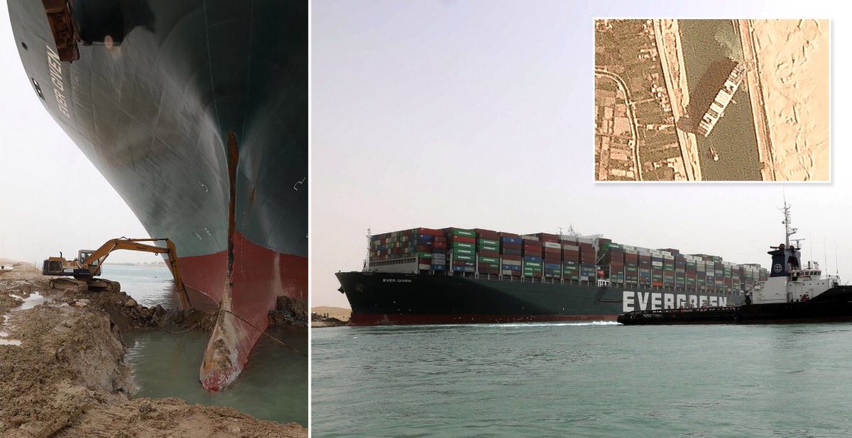 IoSCM's tweet photo. The Ever Given shipping vessel is still stuck in the #suezcanel. With billions of pounds of cargo in approx. 120 vessels now waiting either side of the blockage, the supply chain is being warned it could take weeks to refloat the vessel.
#SuezBLOCKED #shipping #ioscm https://t.co/3xAWMUdFCs