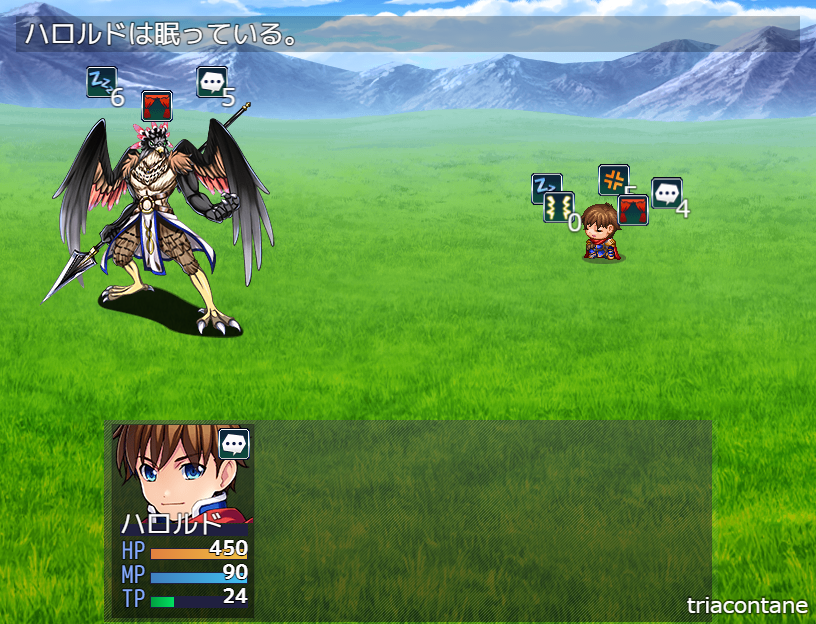 トリアコンタン リングステートプラグイン のmz版を作成しました ステートが複数有効になった場合のステート アイコンを時計回りに回転させてリング表示したり 一列に並べて表示したりできます 残りターン数も表示できます Rpgツクールmz