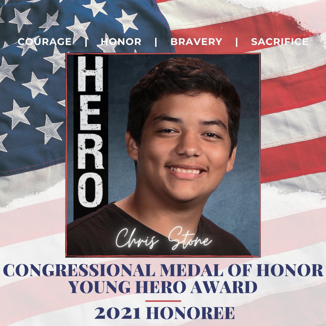 SFTenMemorial's tweet photo. CHRIS STONE of Santa Fe, TX is announced as the 2021 Congressional Medal of Honor Young Hero Award Honoree for his extreme valor when he used his body as a barricade on 5/18/18 to keep a school shooter from entering a room, saving the lives of many students while losing his own. https://t.co/n3FrqRZ1Lj