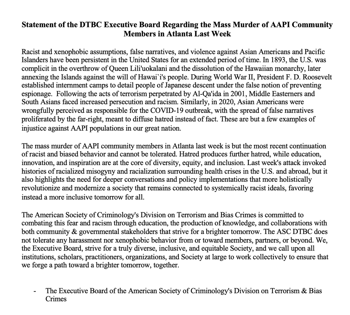 A statement from the DTBC Executive Board regarding the the mass murder of AAPI community members in Atlanta last week...