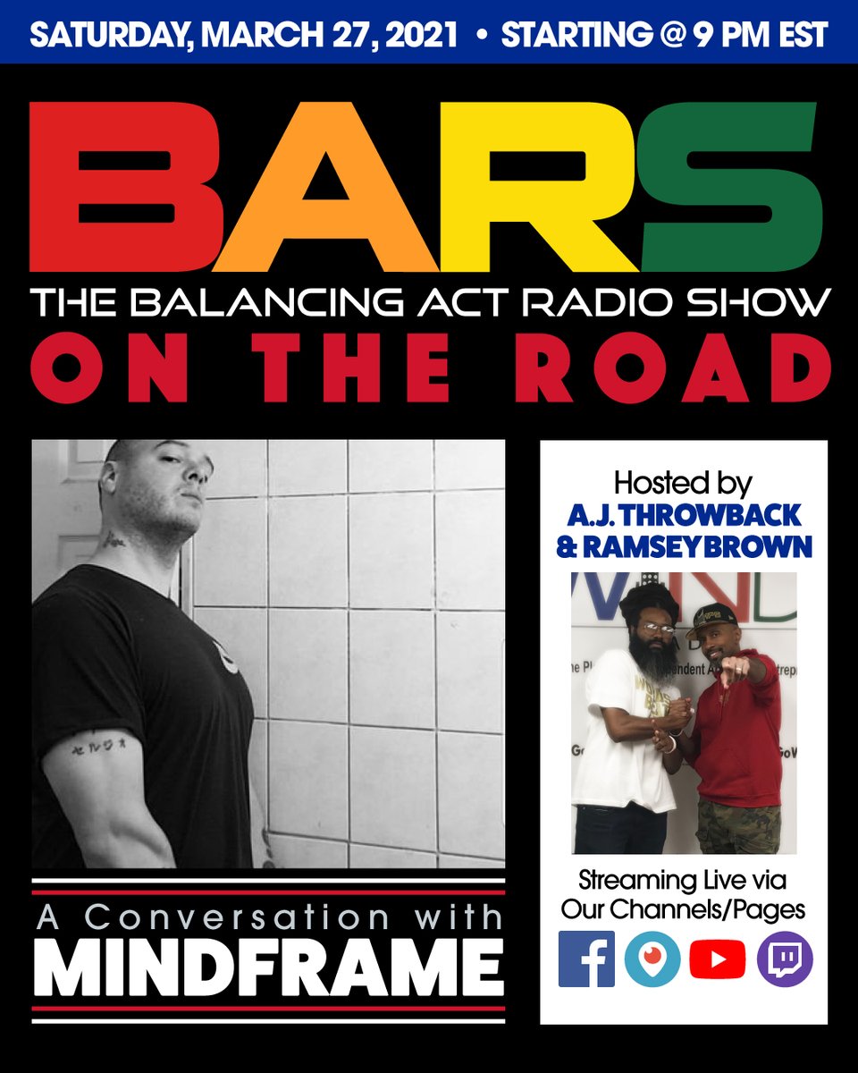 BARSOnAir's tweet photo. Please tune in this Saturday @ 9 PM EST for #BARS #OnTheRoad #VirtualEdition w/ @AJThrowback & @PHAR110 x special guest @MINDFRAMEMVE07 on our social media accounts via #FacebookLive x #Periscope x #twitch x #YouTubeLive 🔥🔥🔥🔥🔥!!! #TeamBARS❤️🧡💛💚 #HipHopMusic #producerlife https://t.co/kqUP4gzQtY