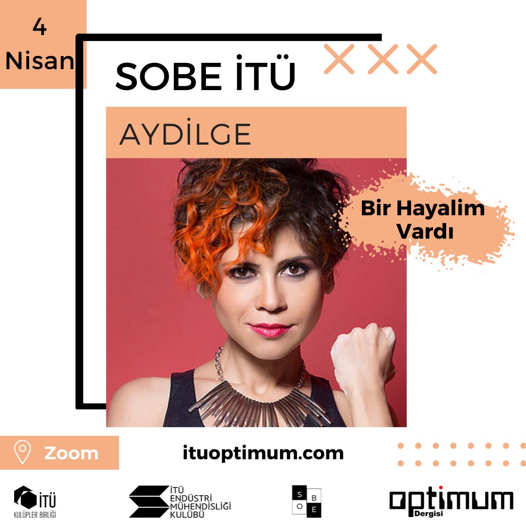 ituemkoptimum's tweet photo. SOBE İTÜ yaklaşıyor📣📣

4 Nisan Pazar günü gerçekleşecek olan etkinliğimizin ikinci konuğu olarak Aydilge bizlerle beraber olacak.🤩 Diğer konuklarımızı öğrenmek için bizi takipte kalın 🤍
➡️Kayıt formu: https://t.co/jO3hYUZ1Ak
 #optimum #itü #müzisyenler https://t.co/FssUGwusdj