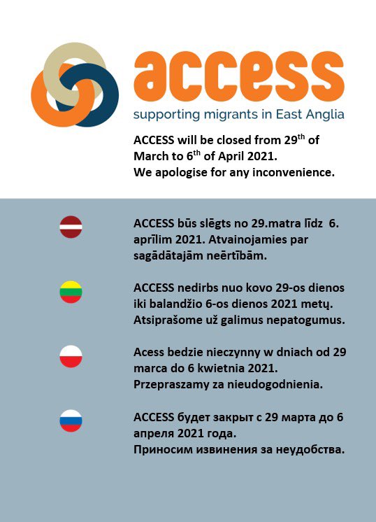 AccessKingsLynn's tweet photo. Staff  at ACCESS will be taking a well earned break after Friday for the Easter period. Back ready to take your telephone enquiries on Tuesday 6th April. https://t.co/26lucQH7MV