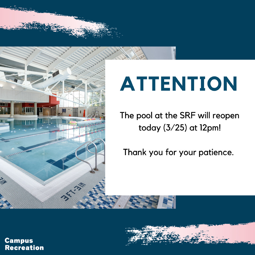 UICRecWell's tweet photo. Thank you for your patience! We will reopen the SRF pool today at noon. https://t.co/HIO4lqWrgC