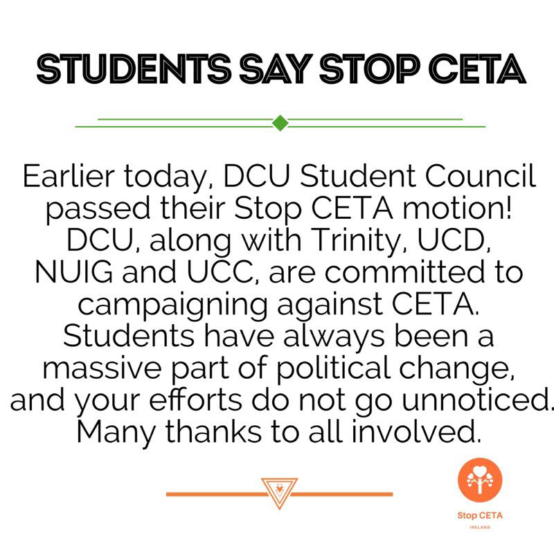 🚨 Progress Update

<a href="/DCUSU/">DCU Students' Union</a> passed a motion to #StopCETA and are committed to campaigning against it alongside other colleges.

We're building momentum, get in touch with your SU and get involved!