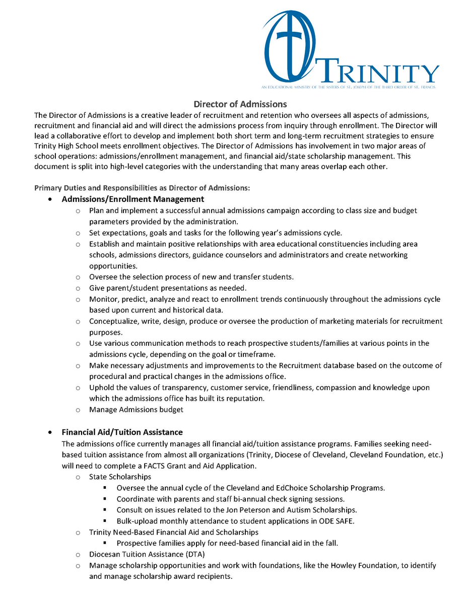 TrinityHS's tweet photo. We have an incredible opportunity to join our team as Director of Admissions! See job description, and all interested candidates can email @APBoda  at billsvoboda@ths.org. @NotreDameOhio @NDCCareerCenter @JohnCarrollU @JCUCareerCenter @UAkronCareer @SSCareerServ @oberlincollege https://t.co/iSFlJO24te