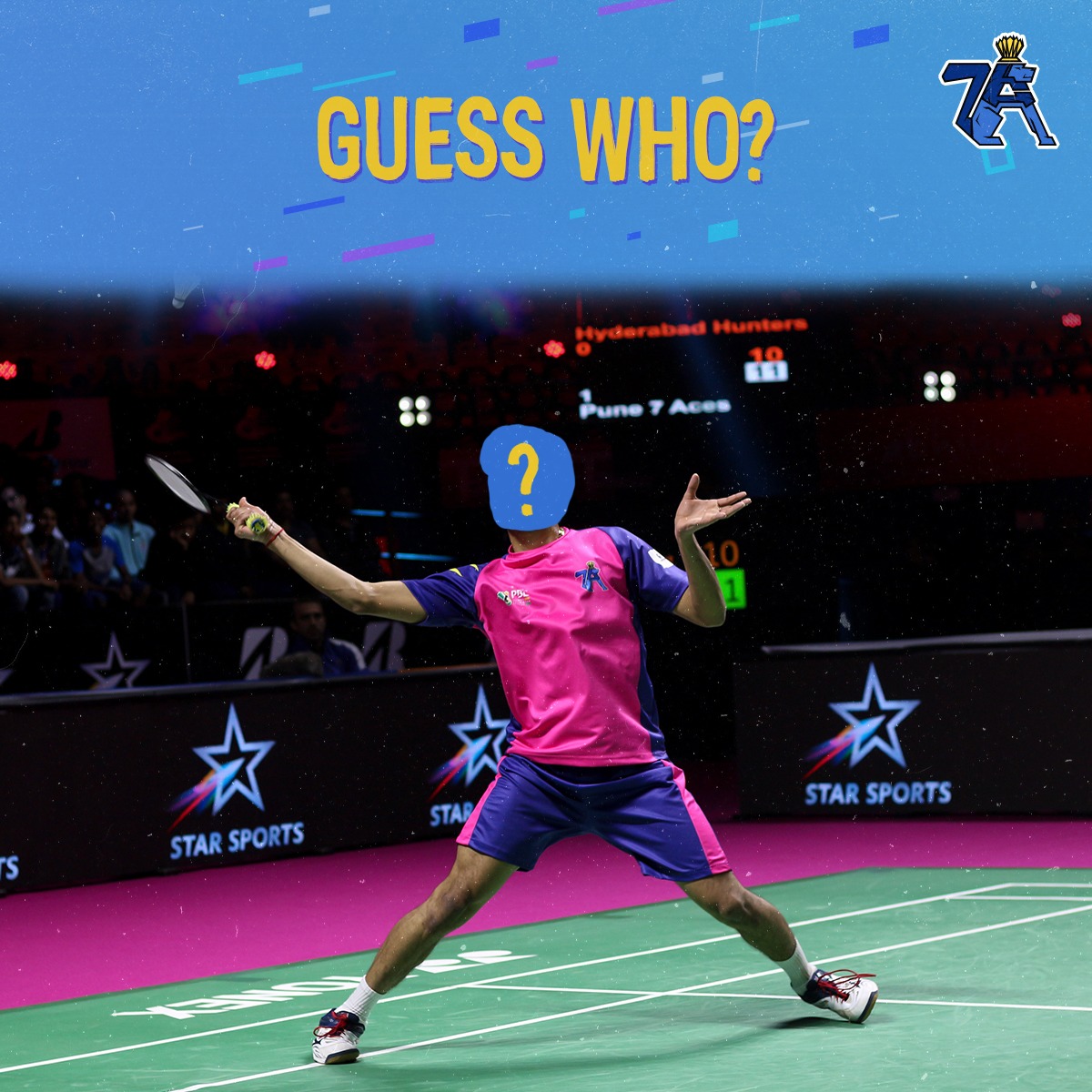 7acespune's tweet photo. With a Game full of Flair and Dedication, 
He Faces Every Opponent without a Doubt or Hesitation, 
He's a Player with Spark, 
Can you take a Guess, he's hidden behind the Question Mark !!

#7AcesPune #HaaKhelAamchaAahe #InItToWinIt #badmintonlive #badminton #GuessWho https://t.co/VHa2r8Fp6U