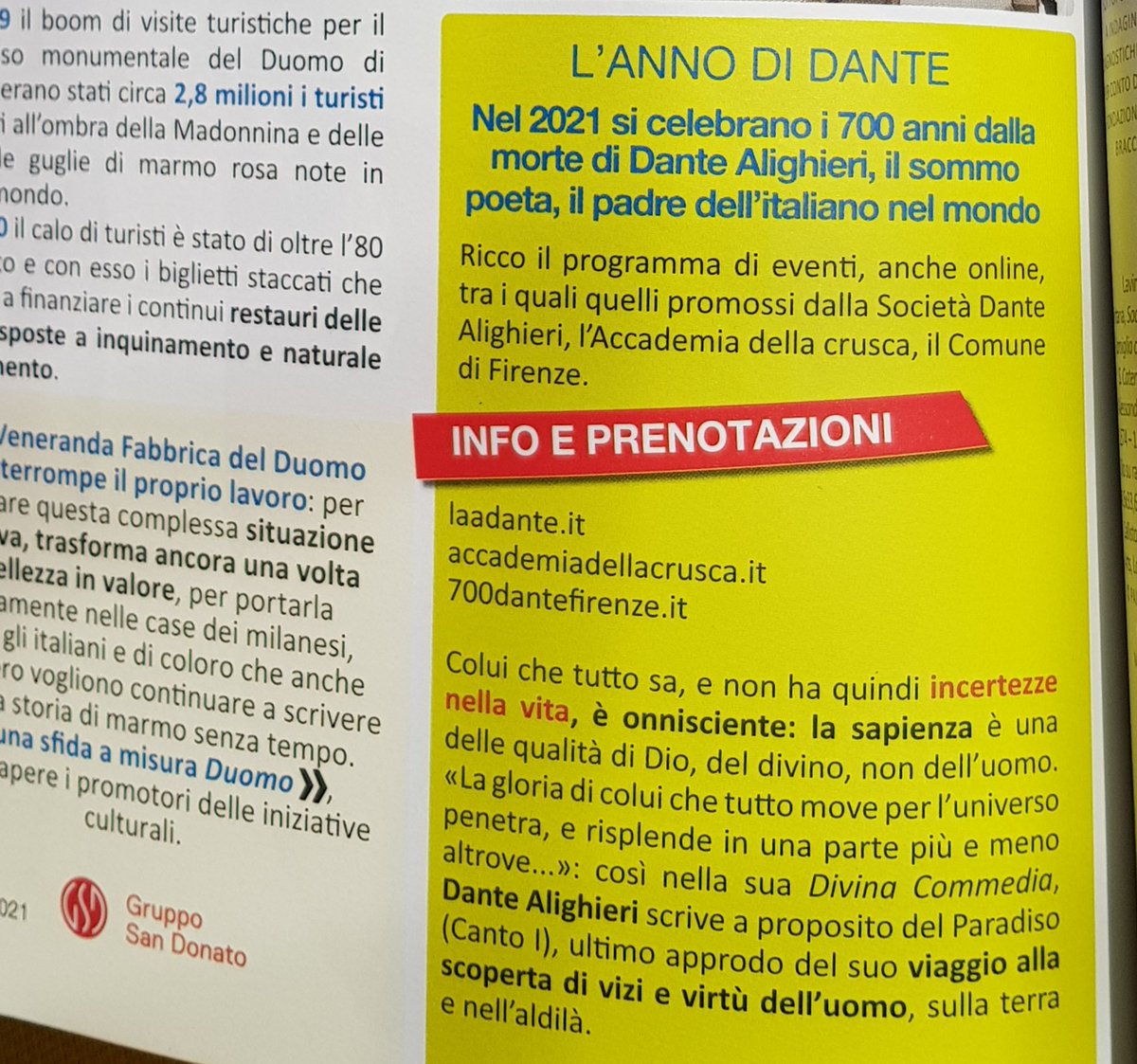 aqua_79's tweet photo. @MiC_Italia @la_dante @AccademiaCrusca @LaDanteFirenze Anche su #GSDMagazine trimestrale di salute e #cultura del @grupposandonato oggi è #Dantedì! A pag 66 di #GSDMag, da #Firenze gli eventi dedicati al Poeta padre dell'#italiano #DanteAlighieri #Dantedi2021 @comunefi #cultura https://t.co/UzJc6G0Ljg
