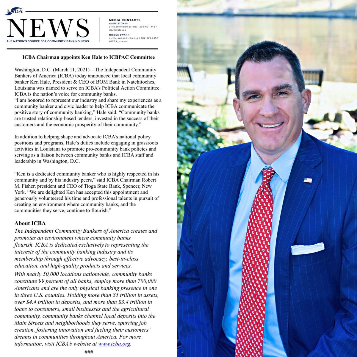 BOMest1903's tweet photo. The Independent Community Bankers of America Chairman appoints BOM Bank’s President &amp; CEO, Ken Hale, to the ICBPAC Committee. We are so proud of Ken and we know he will be an incredible addition to the committee. #bomproud #bomfamily @ICBA @KenHale17 https://t.co/MlDHwd8JBJ