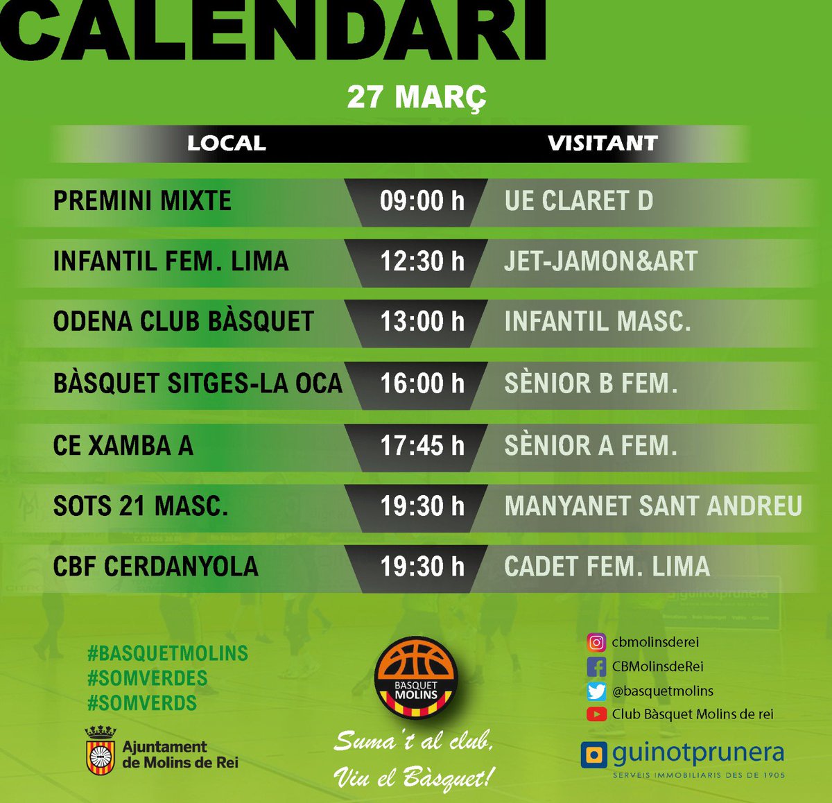 basquetmolins's tweet photo. 📌CALENDARI DE PARTITS.

Per fi ha arribat el moment.
Molt contents d’anunciar 17 partits de bàsquet per aquest cap de setmana.

Molta sort a tots els equips i gaudiu al màxim!

#basquetmolins #somverdes #somverds #basquetcatala 💚🏀💪🏼.

@guinotprunera | Patrocinador principal https://t.co/Jvq9LmJfVw