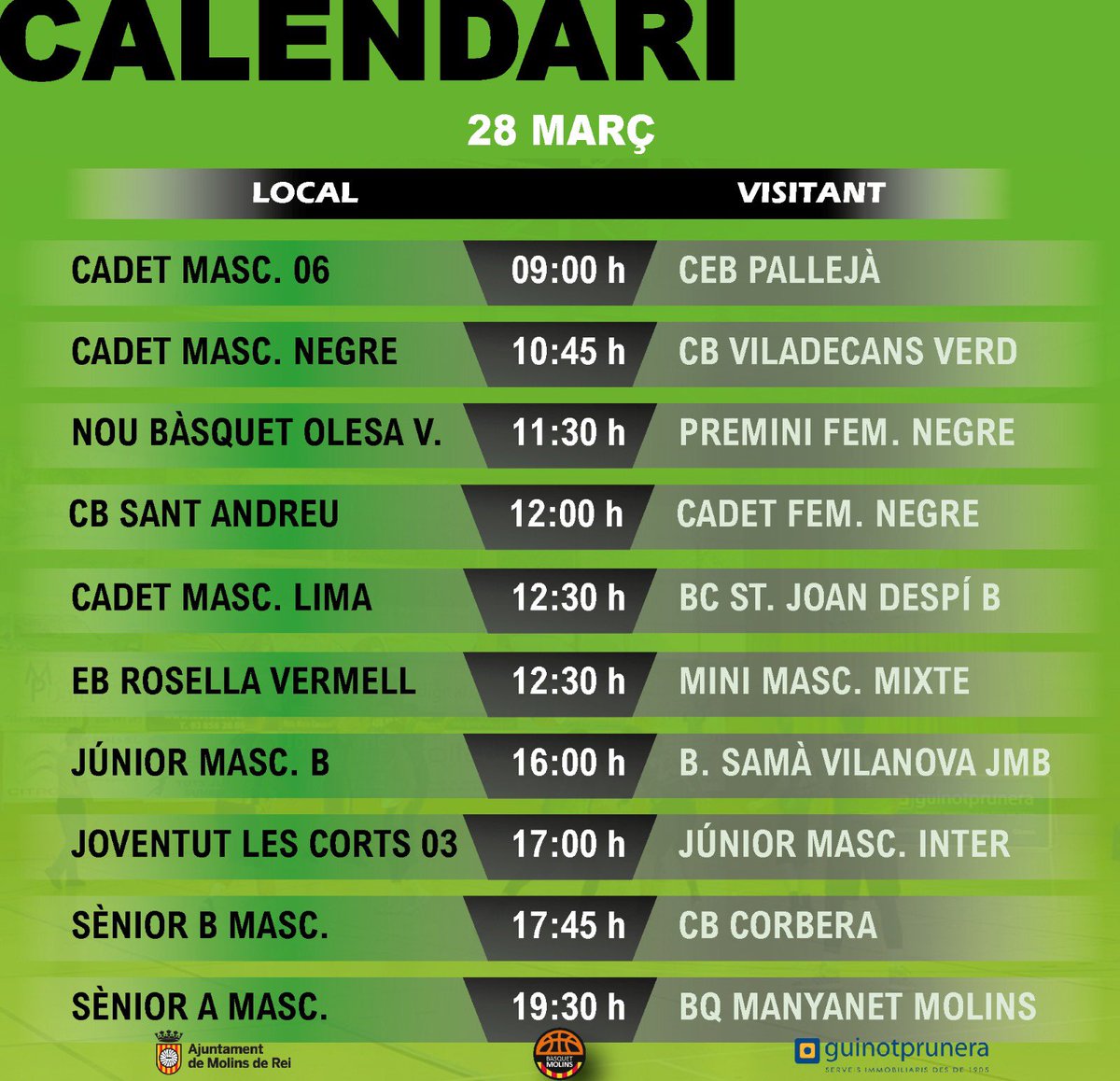 basquetmolins's tweet photo. 📌CALENDARI DE PARTITS.

Per fi ha arribat el moment.
Molt contents d’anunciar 17 partits de bàsquet per aquest cap de setmana.

Molta sort a tots els equips i gaudiu al màxim!

#basquetmolins #somverdes #somverds #basquetcatala 💚🏀💪🏼.

@guinotprunera | Patrocinador principal https://t.co/Jvq9LmJfVw