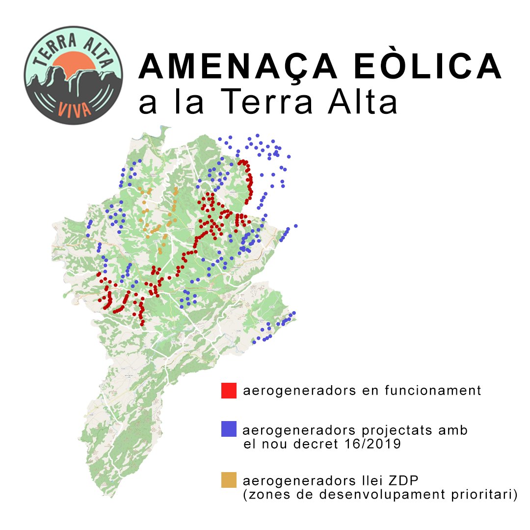 📍A la Terra Alta hi ha 148 aerogeneradors en funcionament que produeixen el 25% de l’#energiaeòlica de Catalunya.  

🌱Estem a favor de les #energiesrenovables, però AIXÍ NO! ❌PROU MASSIFICACIÓ!

#TerraAlta #massificacióeòlica #TerraAltaViva #especulació #defensemelterritori