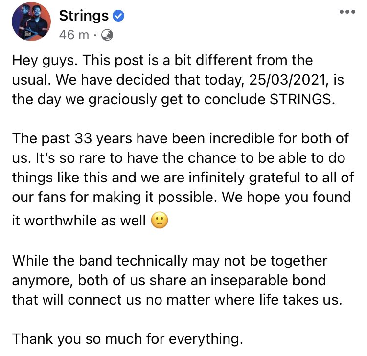zatsbrown's tweet photo. The era has come to an end. 33 years @stringsonline Ur Jao, Behte Baldalo Mai...Thank you for giving us best memories and music. ❤️❤️ #StringsBand https://t.co/TgiYjIBNpN