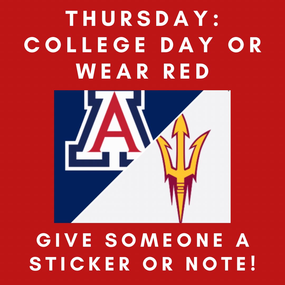 2021Yhs's tweet photo. THURSDAY: College day or wear Red!❤️ Kindness task- give someone  a sticker or a note! #rakatyhs #riderspirit #theyoungkerway https://t.co/uo2JfYizDC