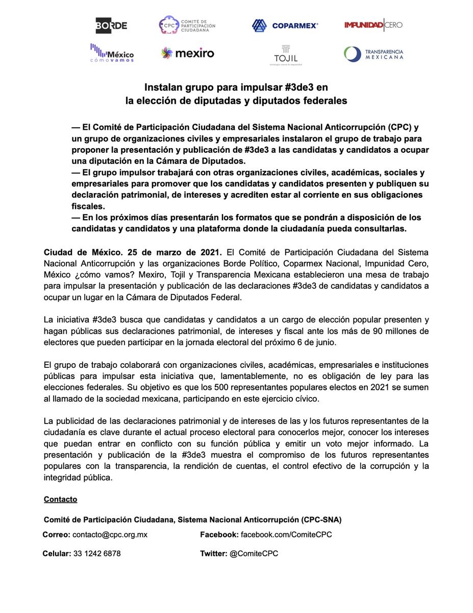 yoMexiro's tweet photo. Con mucho gusto les compartimos que #Mexiro somos parte del grupo impulsor de organizaciones para dar seguimiento a la Ley #3de3 para estas elecciones. 🔍
Nos unimos con @ComiteCPC, @BordePolitico, @Coparmex, @ImpunidadCeroMx, @mexicocomovamos, @TojilAJ y @IntegridadMx. https://t.co/cmdDpSSouJ