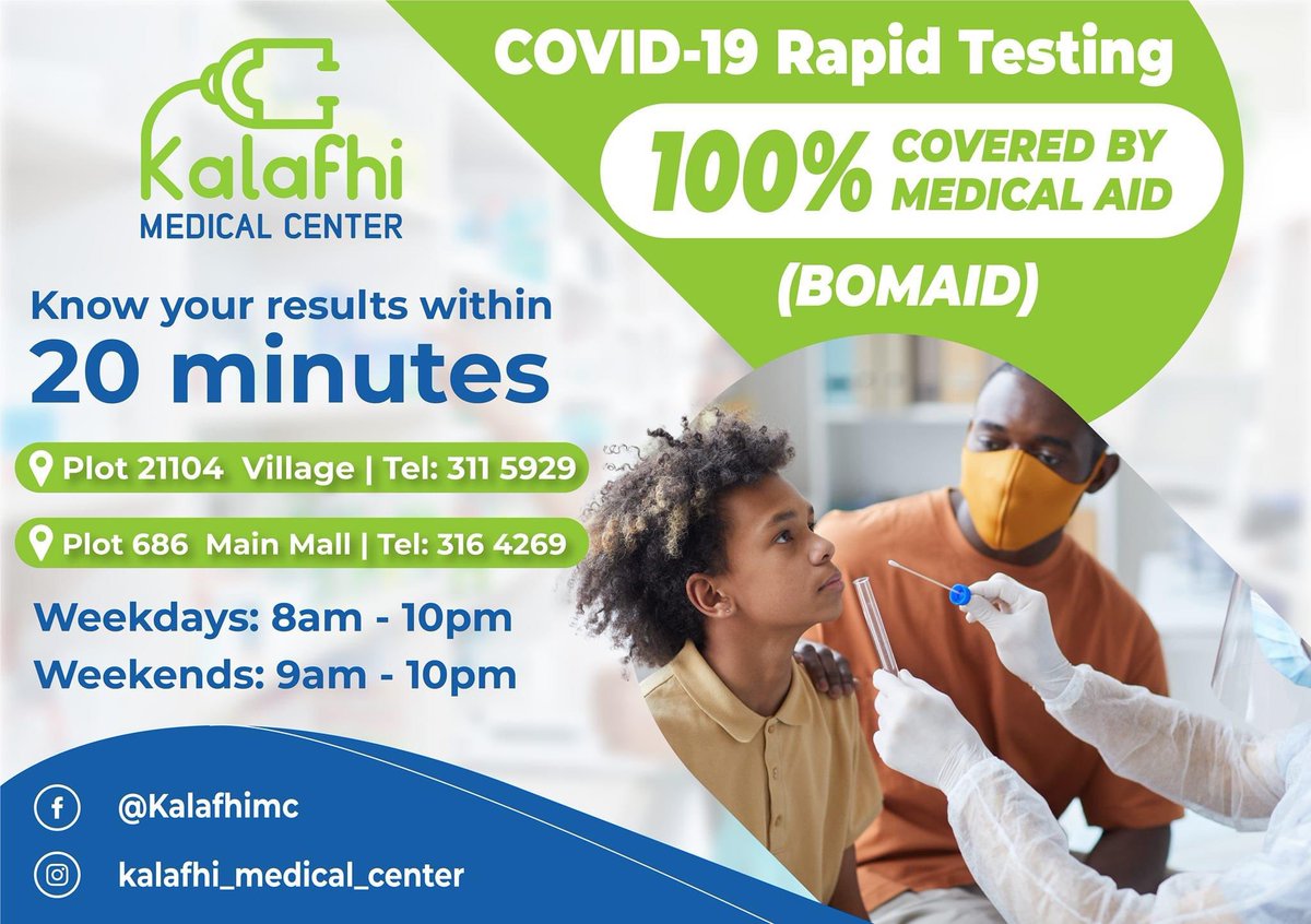 kalafhimedical's tweet photo. Our COVID 19 Rapid test is now 100% covered by medical aid. 
Visit Kalafhi Medical Center and get your results within 20 minutes!⏱

The test is available at:

📍 Plot 21104, Village | Tel: 311 5929
📍 Plot 686, Main Mall | Tel: 316 4269 

#becauseyourhealthmatters https://t.co/kc4qJg7eZN
