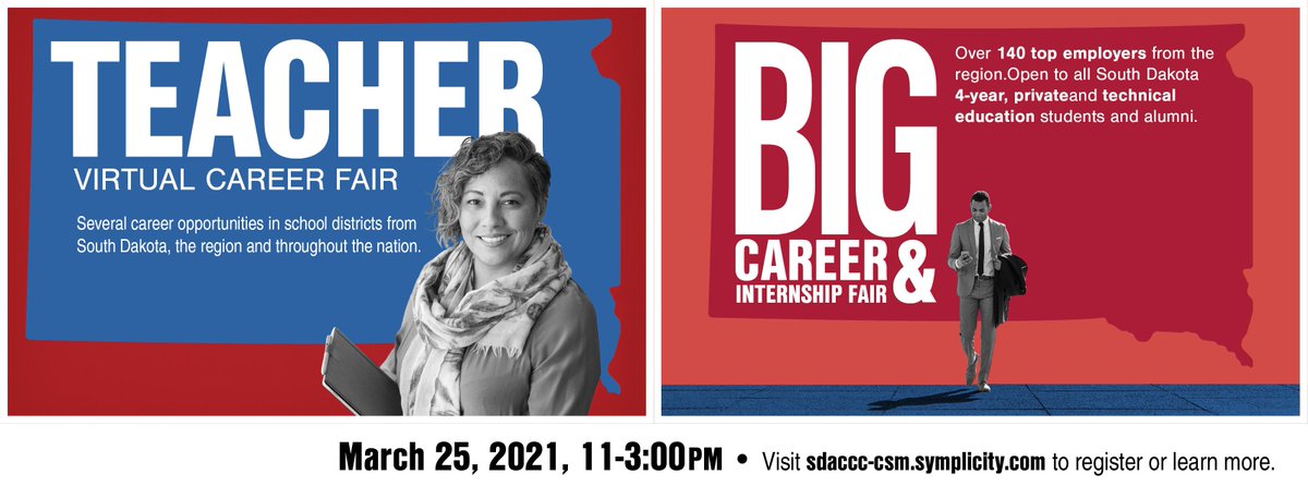 Job Fair Alert! The Teacher Career Fair and BIG Career &amp; Internship Fair are happening from 11 to 3 today! Both are free and open to the public to attend. Register and join anytime at: sdaccc-csm.symplicity.com

#sdteacherfair #getBIGjobs #hirejacks #sdstate