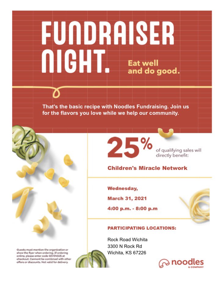 SHOCKERTHON's tweet photo. Our final giveback before the event is March 31st at Noodles and Co from 4-8 pm. Mention Shockerthon and 25% of your order goes towards Shockerthon! There is also a code for online orders. Don’t forget to donate and see you there! https://t.co/Awm0O3WhOa