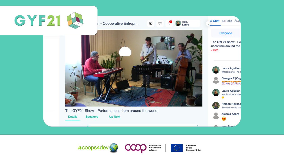 👉#GYF21 participants: tune-in on the Main Stage for The GYF21 Show! 

🎶🎷We're listening to some great artists from around the world! 

#coops4dev🌍