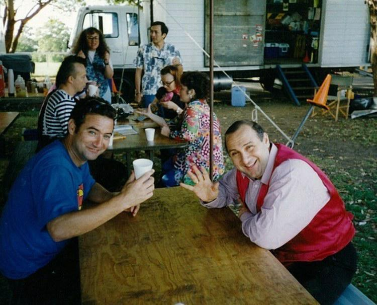 TWMAppreciation's tweet photo. Here's a behind the scenes picture of Anthony and Norry Constantian (Cecil) from on set of The Wiggles Movie! You can also see Mic Conway and Joanne Samuel in the back! #TheWiggles #TheWigglesMovie https://t.co/dVt0oLVPVJ