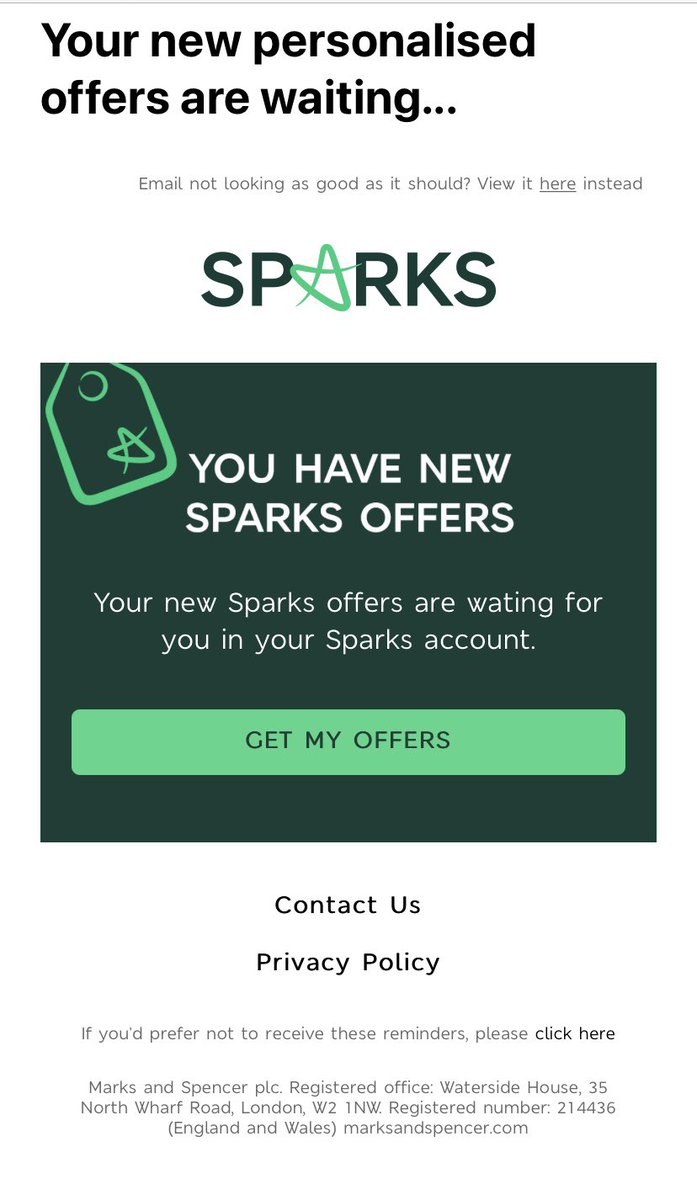 Tut tut <a href="/marksandspencer/">M&S</a> you need a spell checker - my Sparks offers are “wating” for me?!?! 😂