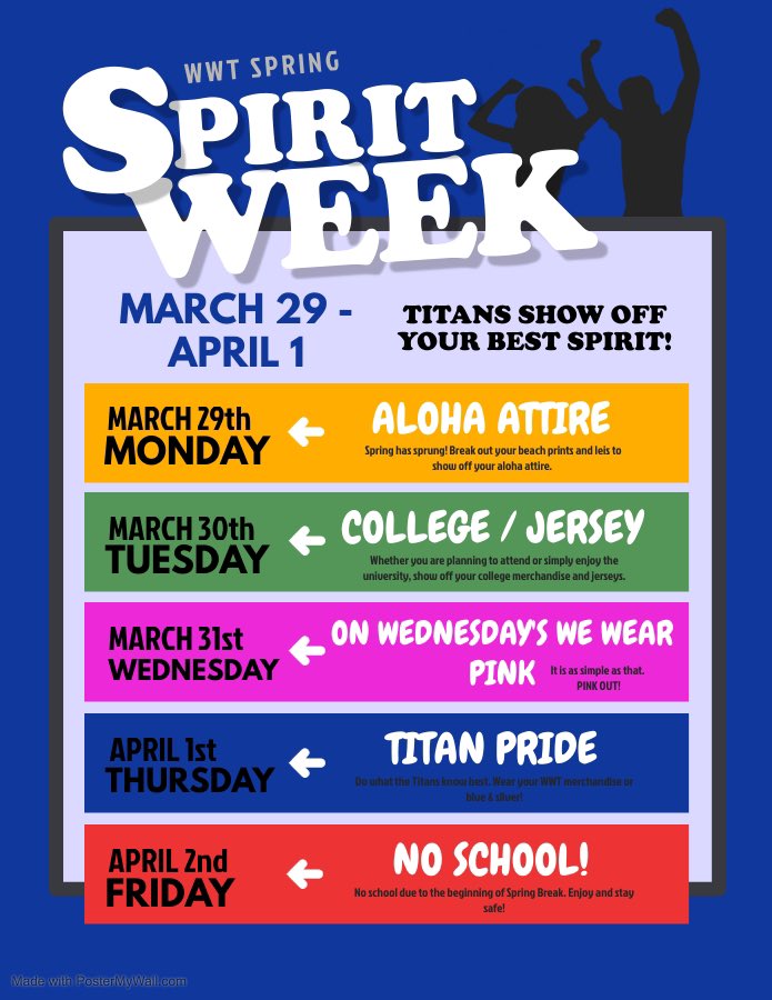 WWTStudentCo's tweet photo. 🗣Hey Titans!! 

Who’s ready for a Spirit Week?!🤩

Make sure to show your pride virtual and in person!🤪

@WWTPrincipal @wwtclassof2021 @wwtclassof2024 @wwtclassof2022 @EngagementWwt @TowerCheer @WWTBand @WWTFootball https://t.co/rlkVYEbb5o