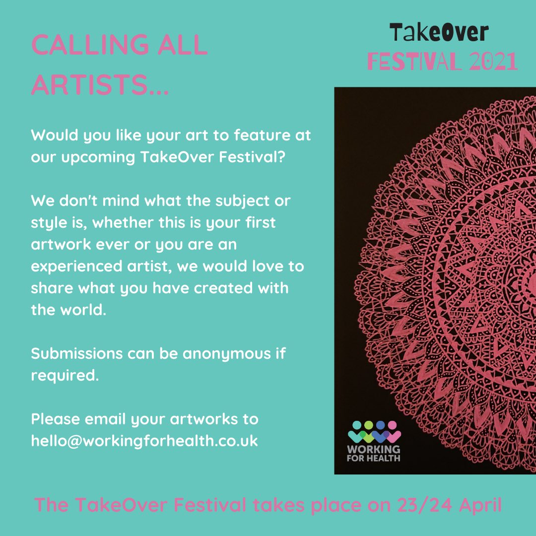TAKEOVER FESTIVAL

We would love your artwork to be included in our TakeOver Festival on 23/24 April 🖼 

Please email submissions to hello@workingforhealth.co.uk

#workingforhealth #nowme #takeoverfestival
