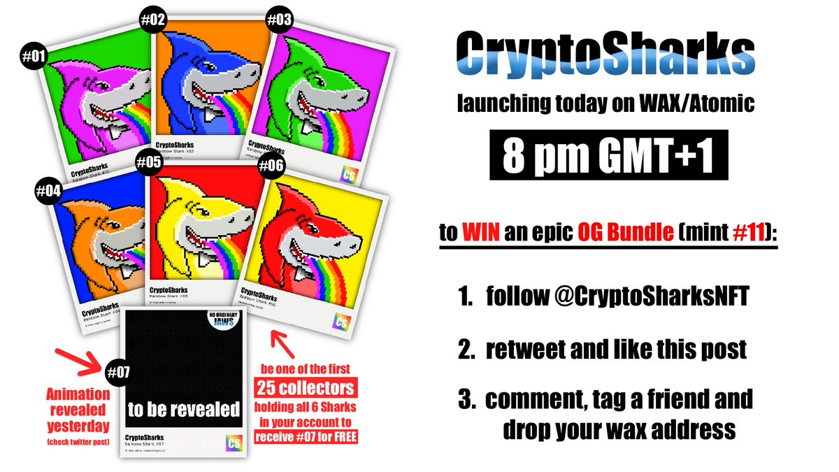 CryptoSharksNFT's tweet photo. 🔥🚨🔥 #Giveaway Alert 🔥🚨🔥

to win an epic OG Bundle (7 Sharks incl. the mystic rare animated #07)

⬇️ 

1. follow @CryptoSharksNFT 
2. retweet and like this post
3. comment, tag a friend + drop your wax address

🎉

#nft #freenft #nftdrop #nftcommunity #nftart #cryptoart https://t.co/g1zSvbnphe