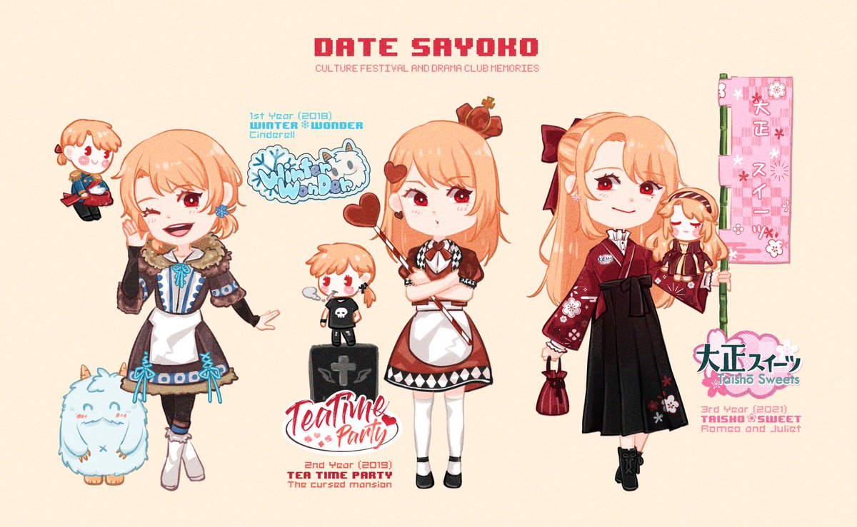 TE_SayoSayo's tweet photo. (เพราะไม่ได้วาดชุดร้านให้คาร์มาสามปี(...) ก็เลยย้อนวาดให้ครบเลยค่ะ เพิ่มตัวจิ๋วละครเวทีไปด้ว--- ขอแปะเก็บไว้นะคะ 🥺️✨)

ปี 1 #TEWinW❄
ปี 2 #TETTParty☕
ปี 3 #TEHabaTaisho🌸

#TECulture https://t.co/kAZjN5uJQ3