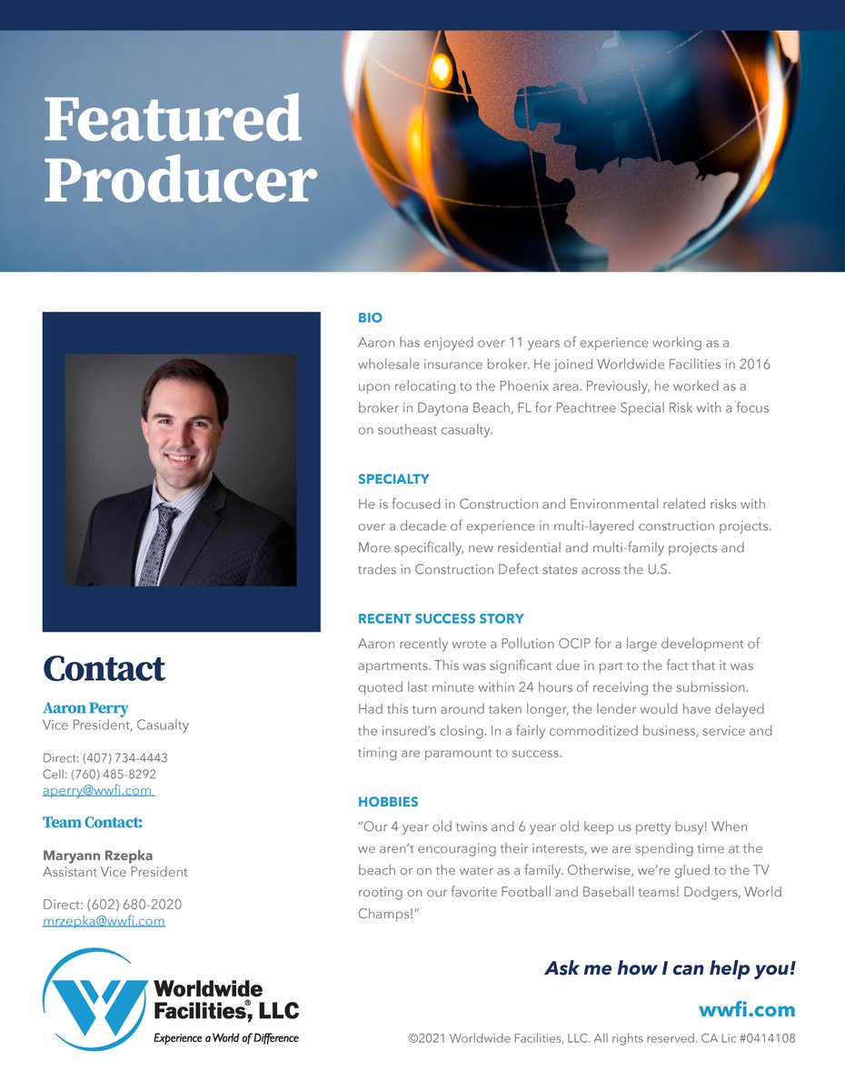WorldwideFacIns's tweet photo. Meet our Monthly Worldwide Facilities Featured Producer, Aaron Perry. We appreciate your ongoing commitment to success!
#casualty #featuredproducer #leadership #success #brokerage #thankyouteam #wholesaleinsurance https://t.co/oAMyW3HLe5