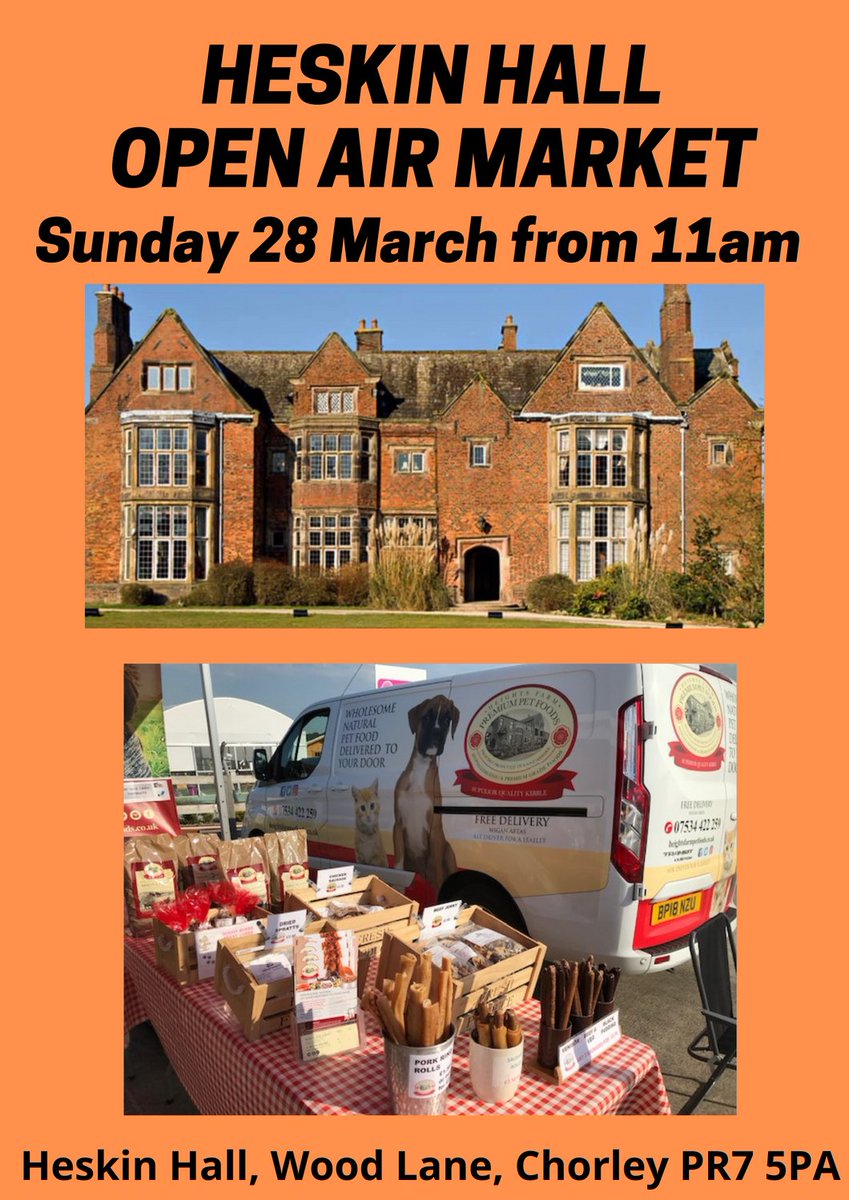 Heightsfarmsue's tweet photo. This Sunday at Heskin Hall PR7 5PA there will be an  'Essentials Market'
Bring your dogs along, and come and see us in the courtyard where we will have all our natural treats and dog food
#ShopLocal
#HeskinHall
#DogFood
#DogTreats https://t.co/iUj7dykRgM
