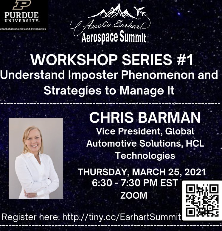 PurdueWiA's tweet photo. Don’t forget! Tonight is the first workshop series with Chris Barman from HCL Technologies about combating imposter syndrome. Register with the QR code or link. https://t.co/IyowWwg0pj