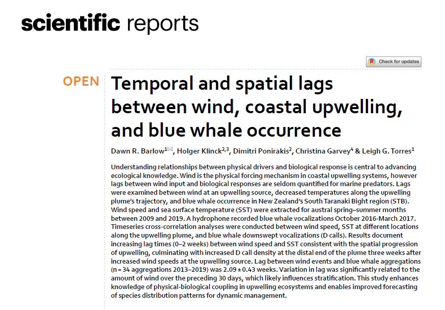 Dawn_R_Barlow's tweet photo. New publication in @SciReports! We found that spatial &amp; temporal lags between wind, decreased temperature, &amp; blue whale occurrence follow the progression of coastal upwelling using timeseries analysis, remote sensing, acoustics, &amp; visual sightings (1/3) https://t.co/PzGhcPOnmv https://t.co/0U0cfn3Xoq