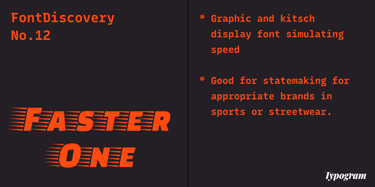 HuaTweets's tweet photo. 1|🖼️ FontDiscovery, no.12
This week, we went over some tips about using Faster One. Kitsch, graphic, and funky font that works for niche brands. https://t.co/70NSzAuVQX