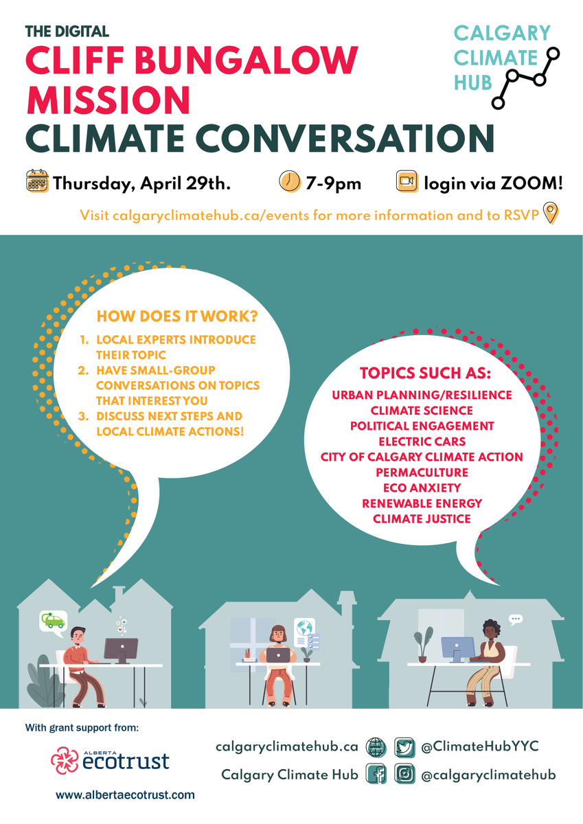 Looking forward to our next Climate Conversation in the GREAT community of Cliff Bungalow-Mission, April 29th at 7pm! See you there! RSVP: calgaryclimatehub.ca/cliff_bungalow…
