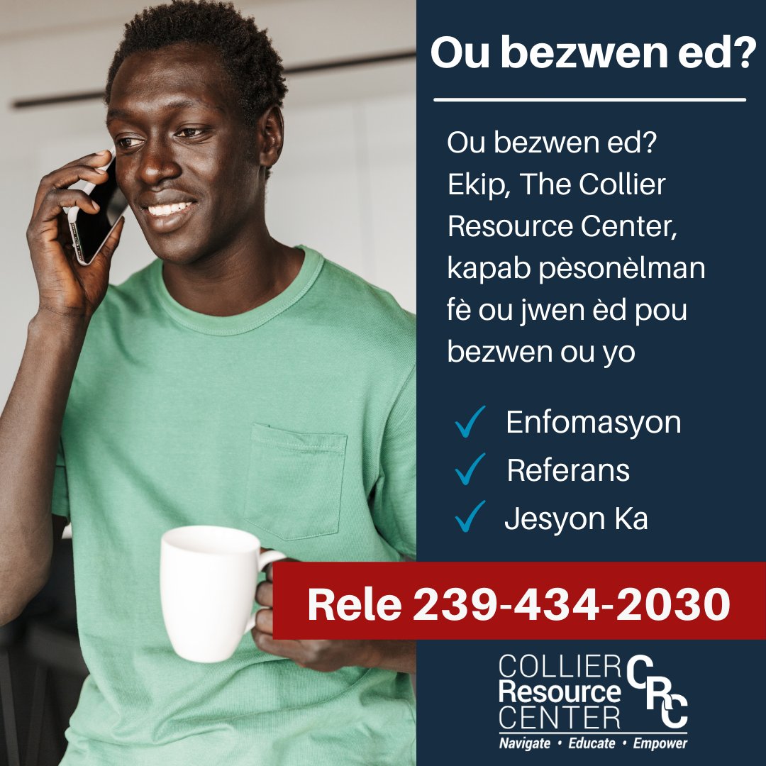 CollierCenter's tweet image. Our group an ka few jwen sevis medical e solyal according to nesite w. Or bezwen ed? Rele (239) 434-2030. 
#naplesfl #immokalee #goldengateparksf #swflstrong #colliercounty #naplespark #swfl