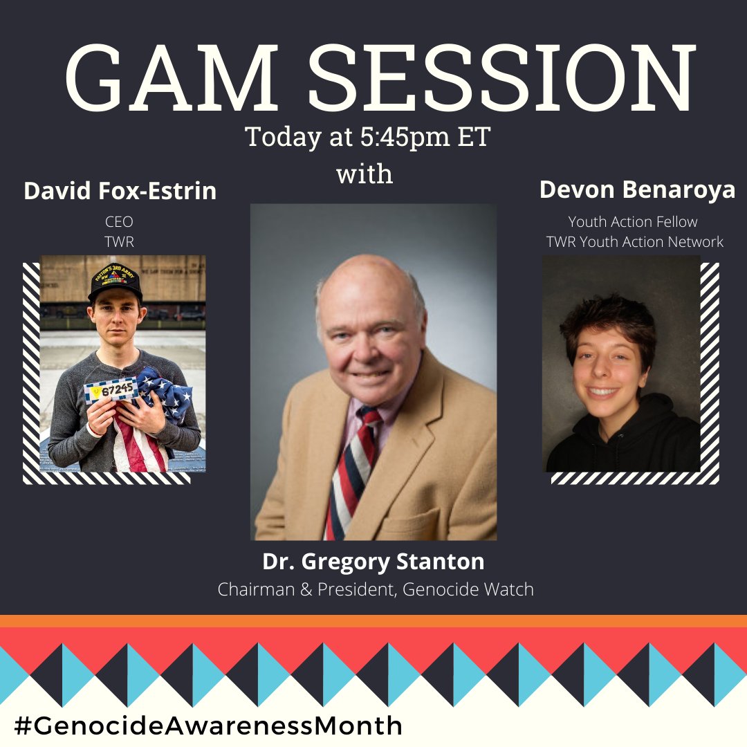 TgthrWeRemember's tweet photo. Today’s  #GAMsession will answer questions about #GenocideAwarenessMonth &amp; the movement to end #IdentityBasedViolence! Dr. Greg Stanton developed the 10 stages of Genocide, so we'll have a lot to discuss!  
#BigAsk #TogetherWeRemember

Join us: https://t.co/VDAGCHi0R7 https://t.co/qFVYOzyGuX