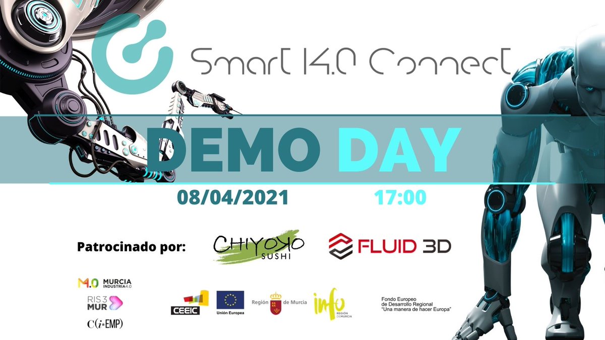 DEMO DAY <a href="/Smarti40/">Smart I4.0 Connect</a> Connect | Inmersión en la Industria 4.0 by <a href="/infoRMurcia/">Instituto de Fomento</a> <a href="/Ceeict/">CEEIC</a> 🏭🤖

Llegó el GRAN DÍA‼️ El próximo 8/4 a las 17:00 en <a href="/Ceeict/">CEEIC</a> las #startups participantes en <a href="/Smarti40/">Smart I4.0 Connect</a> presentarán sus proyectos 4.0 ante el público

Startups 4.0 made in <a href="/regiondemurcia/">Gobierno de la Región de Murcia</a> 🚀