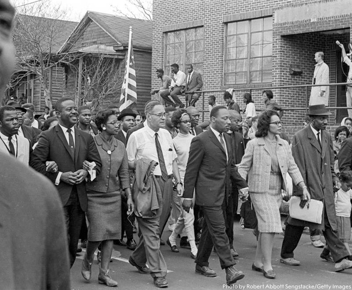 NobelPrize's tweet photo. On 25 March 1965, thousands joined the last leg of the historic Selma to Montgomery marches, demonstrating for African Americans’ right to vote. It was led by Martin Luther King Jr. pictured here alongside civil rights activists including #NobelPeacePrize laureate Ralph Bunche. https://t.co/Pf3sohYG75