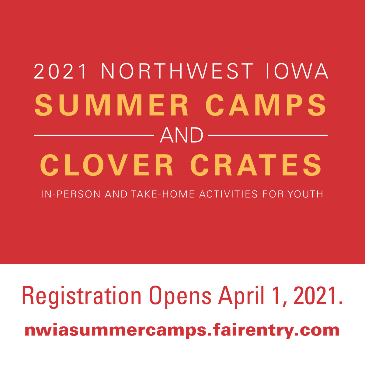 ISUExtSioux's tweet photo. Summer is just around the corner, and we just launched our 2021 Summer Camps and Clover Crates Booklet. Registration opens April 1st! 

Check out our offerings at https://t.co/ncJQLiRgMV, and make note that we are offering both in-person camps and Clover Crates this year. https://t.co/1gMs9smuBu