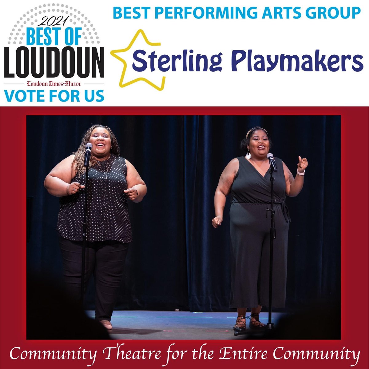 OTN_Sterling's tweet photo. It's the second to last day to vote for @SPlaymakers for Best #PerformingArts Group today! Please support your #local, #nonprofit #communitytheatre! 

https://t.co/pWIfNABE5V…

#nonprofittheatre #community #bestofloudoun #vote #voteforus #sterlingva #loudouncountyva https://t.co/0qJa6sPU1c