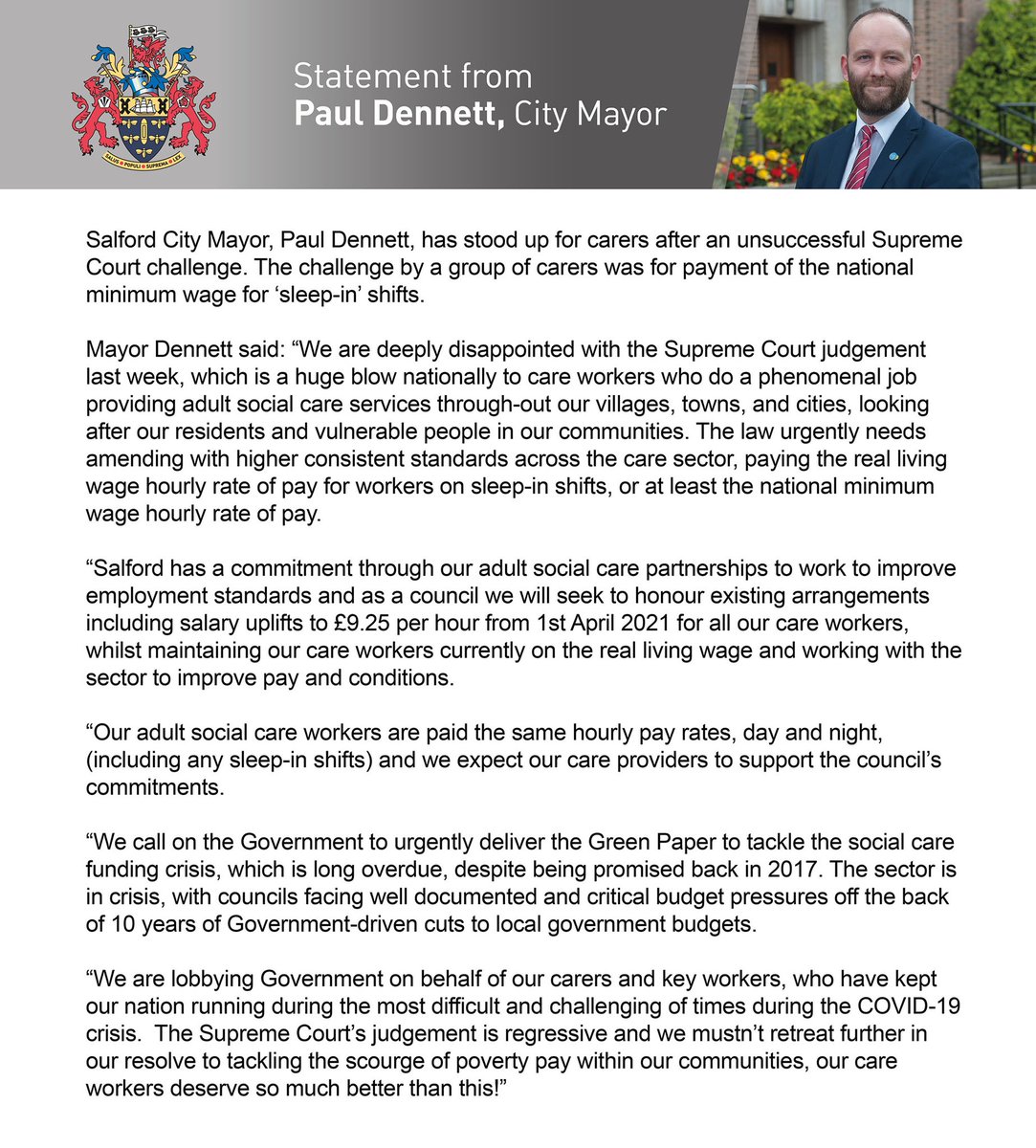 salford_mayor's tweet photo. Following the recent regressive &amp; deeply concerning Supreme Court judgement for care workers in our country, please see below my statement concerning arrangements in Salford...

Urgent progress needs to be made by the government to resolve the funding crisis in social care!👇🏻👇🏻👇🏻 https://t.co/JFhLQqYCnP