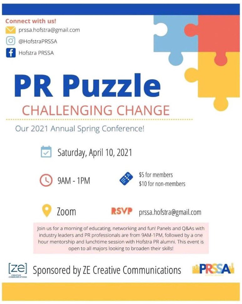 HofstraPRSSA's tweet photo. Our annual Spring Conference is right around the corner! RSVP and purchase a ticket by emailing prssa.hofstra@gmail.com! #ChallengingChange https://t.co/QvQkolg8tp