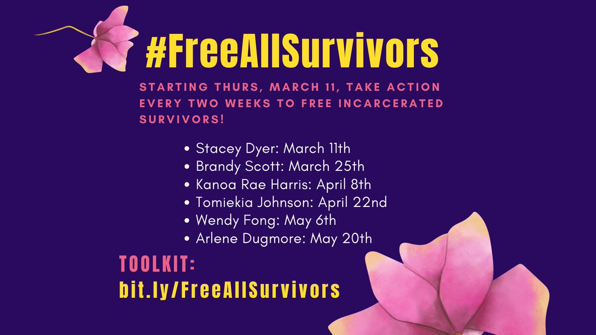 purple background with pink, yellow, and white text. Text: “#FreeAllSurvivors. Starting Thurs. March 11, take action every two weeks to free incarcerated survivors! Stacey Dyer: March 11th. Brandy Scott: March 25th. Kanoa Rae Harris: April 8th. Tomiekia Johnson: April 22nd. Wendy Fong: May 6th. Arlene Dugmore: May 20th. Toolkit: bit.ly/FreeAllSurvivors"