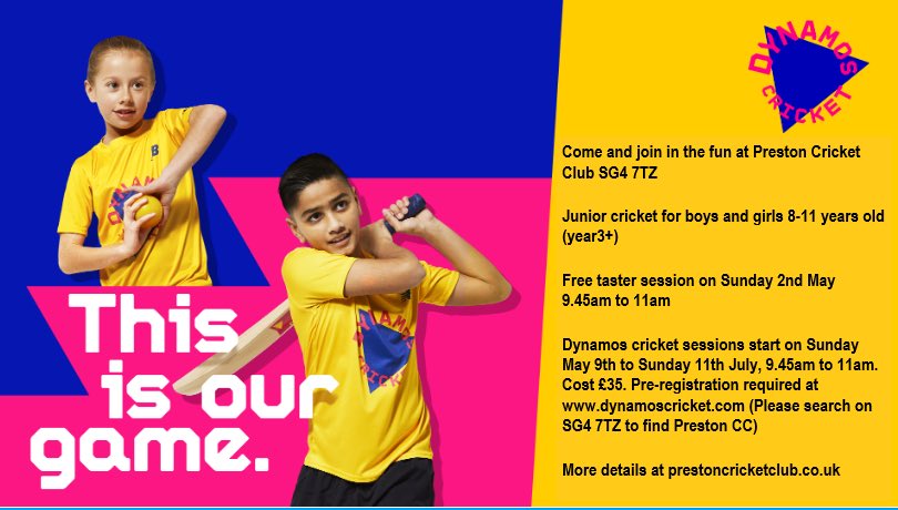 PrestonHertsCC's tweet photo. Come and Join the fun! 

> Junior cricket for boys and girls 8-11 years old (school year 3+)

> FREE TASTER SESSION
Sunday 2nd May 9.45am – 11.00am

> Dynamo cricket session run from Sunday 9th May to Sunday 11th July 9.45am – 11.00am

Register below 👇
https://t.co/xmh6m3dDQ0 https://t.co/SEgM8dwgoo