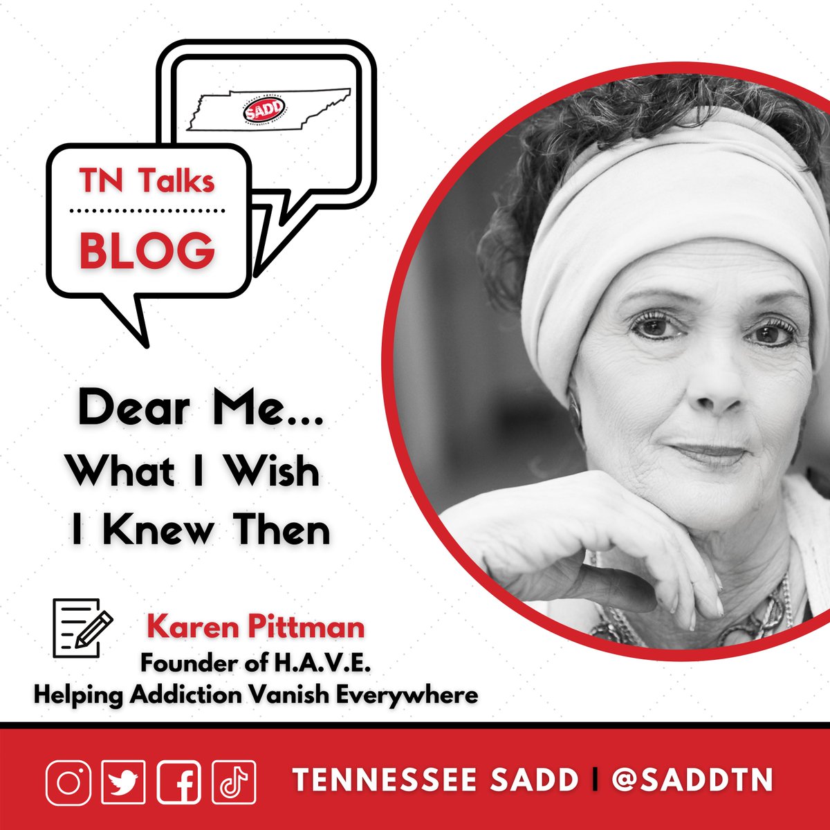 SADDTN's tweet photo. This week on TN Talks, Karen Pittman from H.A.V.E., sat down and wrote a very open letter to her younger self. This letter is VERY moving and open that will shatter the myths about drugs &amp; alcohol!

Read it NOW: https://t.co/YRykn0l9RV

#SADD40 #NDAFW https://t.co/CyDDC75PJt
