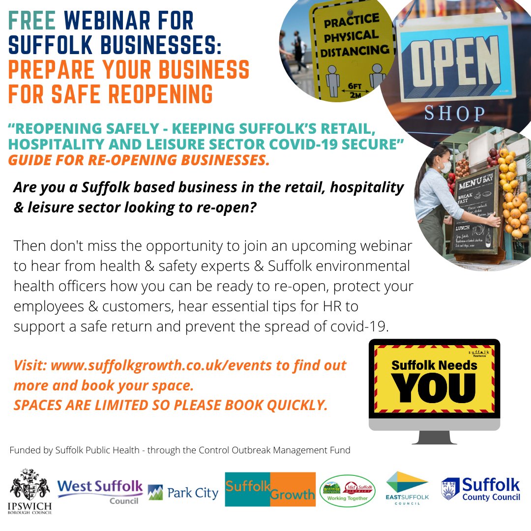 (1/2) <a href="/SuffolkGrowth/">Suffolk Growth Partnership</a> is working with Park City Consulting and Suffolk local authority environmental health officers to deliver four FREE training webinars to support local businesses within the retail, hospitality &amp; leisure sector to be ‘reopening’ ready. suffolkgrowth.co.uk/supporting-rhl…