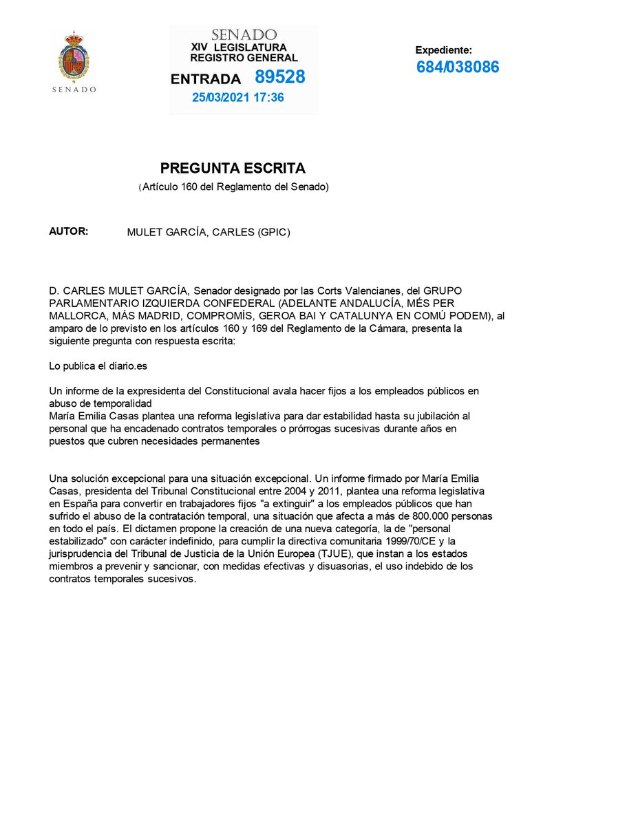 carlesmulet's tweet photo. Preguntamos al Gobierno @desdelamoncloa  por el informe de la expresidenta del Constitucional avala hacer fijos a los empleados públicos en abuso de temporalidad, que publica @eldiarioes  @iescolar #FijezaYa https://t.co/mtpfOKlYUX